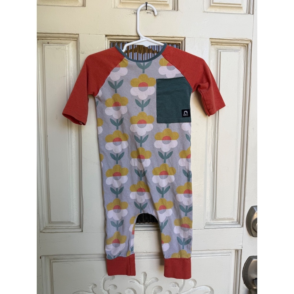 Rags to Raches Romper Floral Retro Gray Red Raglan 3/4 Sleeve Size 12-18 Months